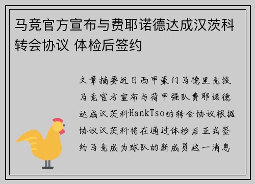 马竞官方宣布与费耶诺德达成汉茨科转会协议 体检后签约