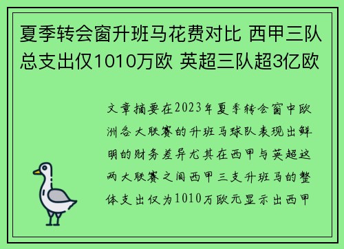 夏季转会窗升班马花费对比 西甲三队总支出仅1010万欧 英超三队超3亿欧元